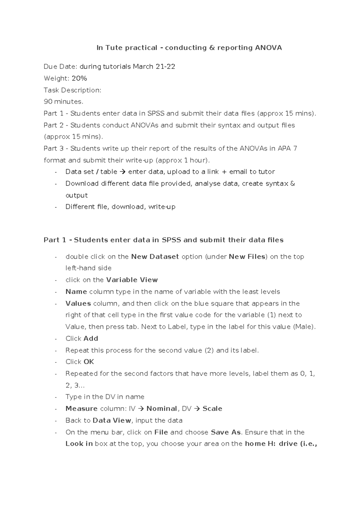 Practical 1: Conducting & Reporting ANOVA in SPSS (20% Weight) - Studocu