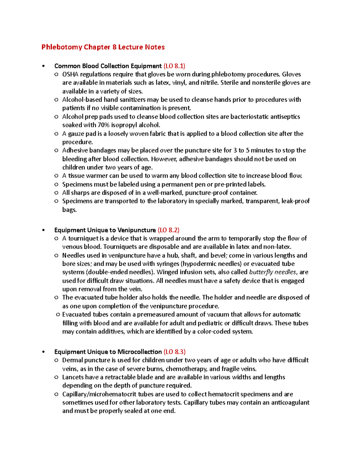 Phlebotomy Chapter 8 Lecture Notes: Blood Collection Techniques - Studocu