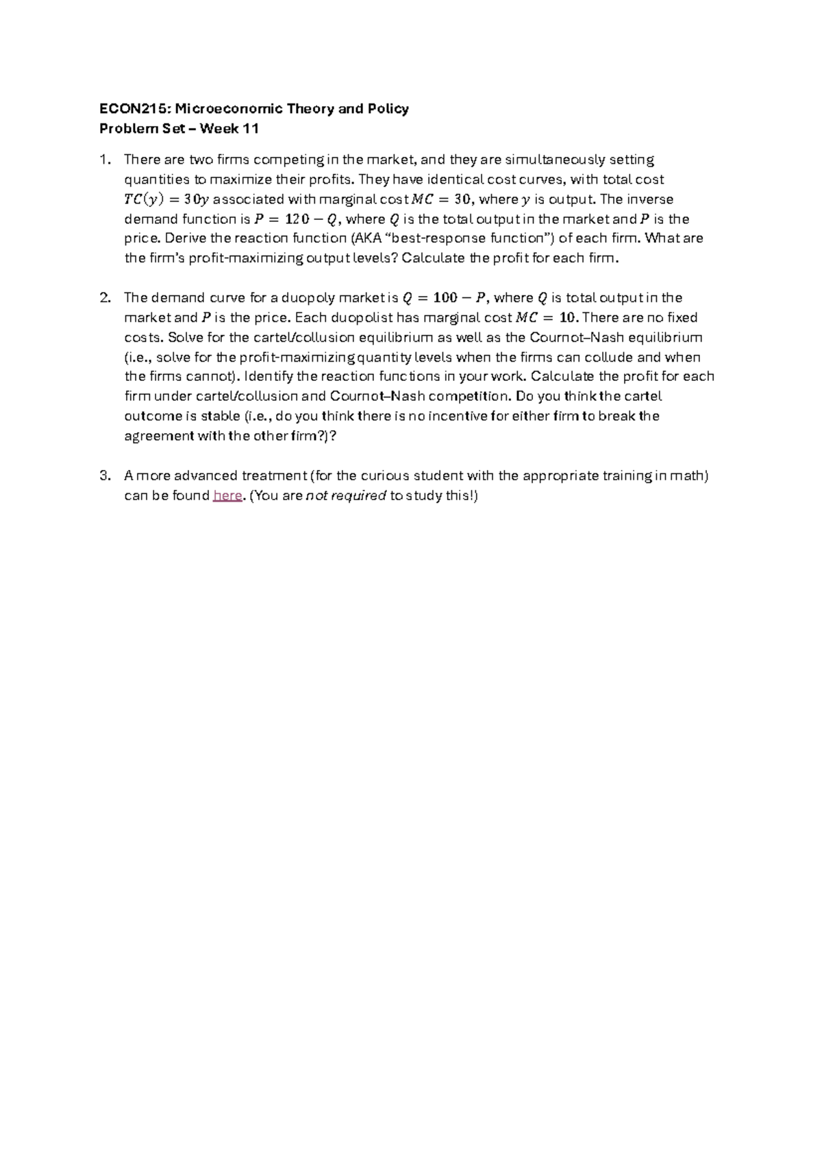 ECON215: Week 11 Microeconomic Theory Problem Set Analysis - Studocu