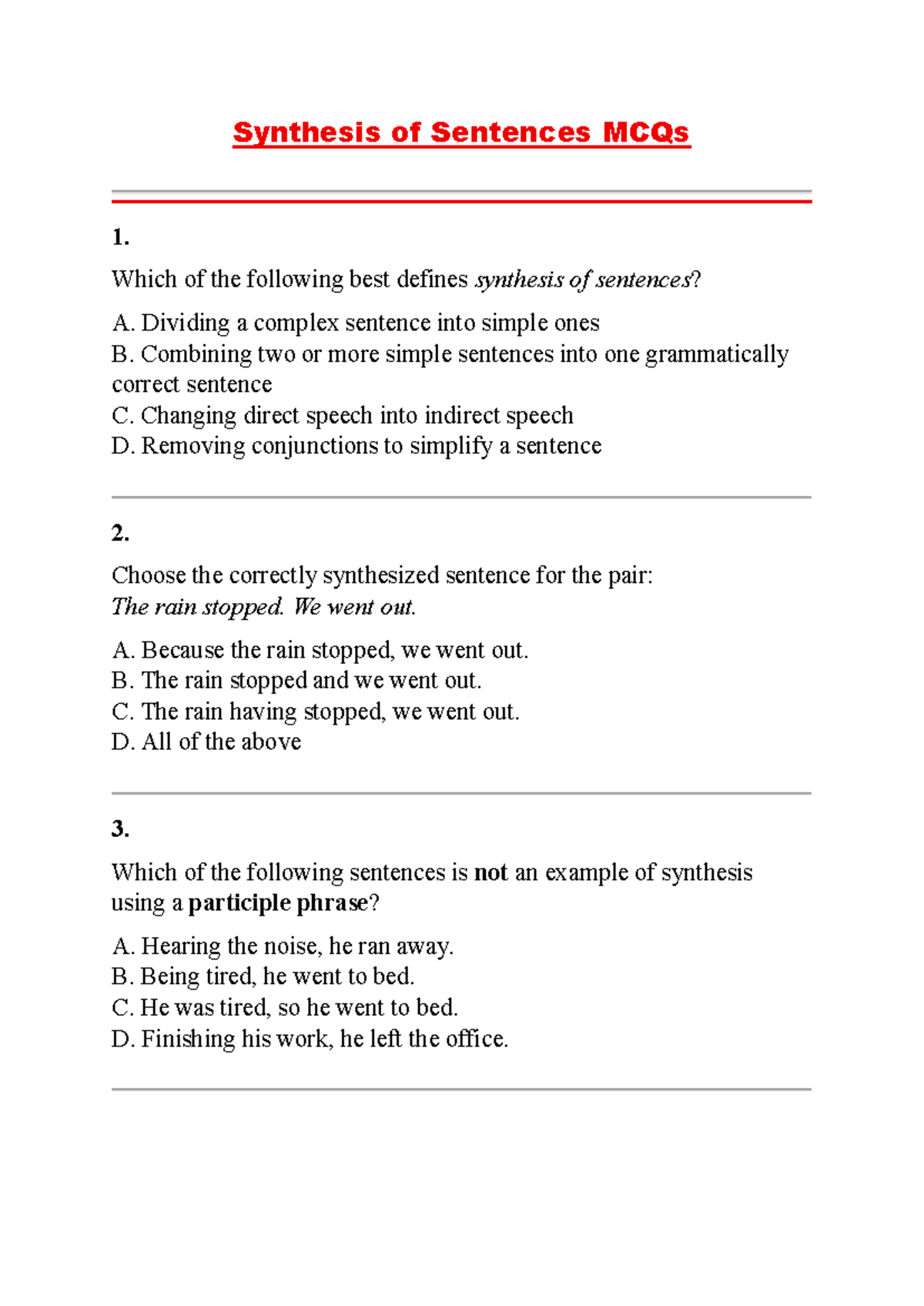 Synthesis of Sentences MCQs - Practice Questions and Answers - Studocu