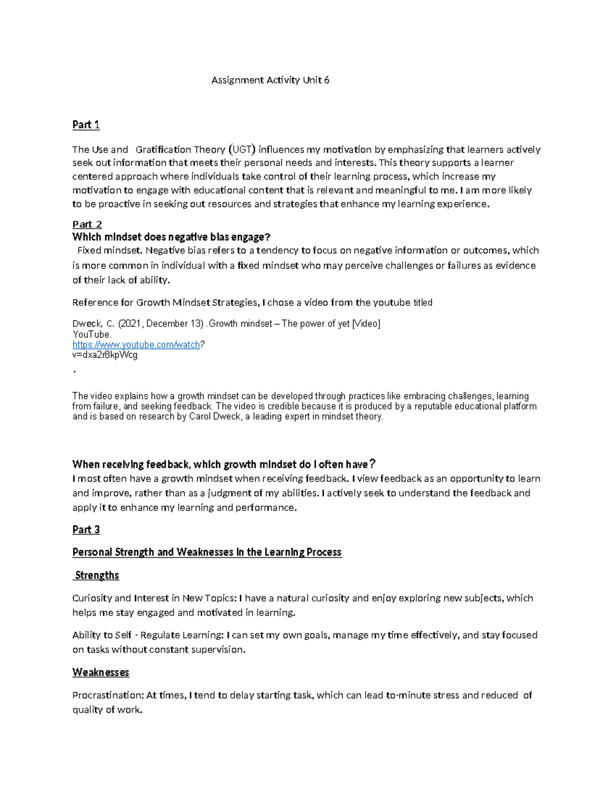 Assignment Activity Unit 6: Motivation, Mindset, and Learning ...