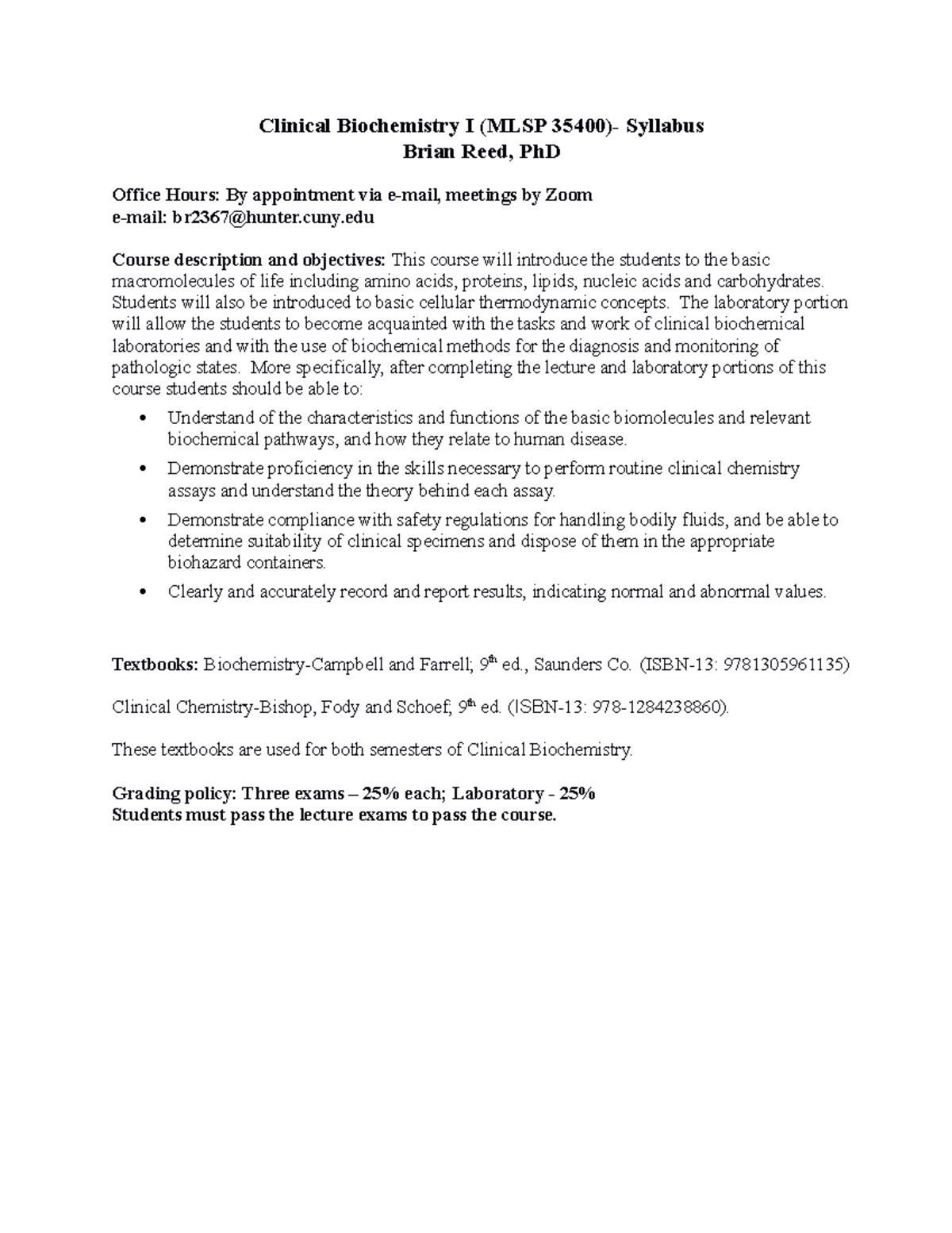 Clinical Biochemistry I (MLSP 35400) - Syllabus 2023 Revision - Studocu