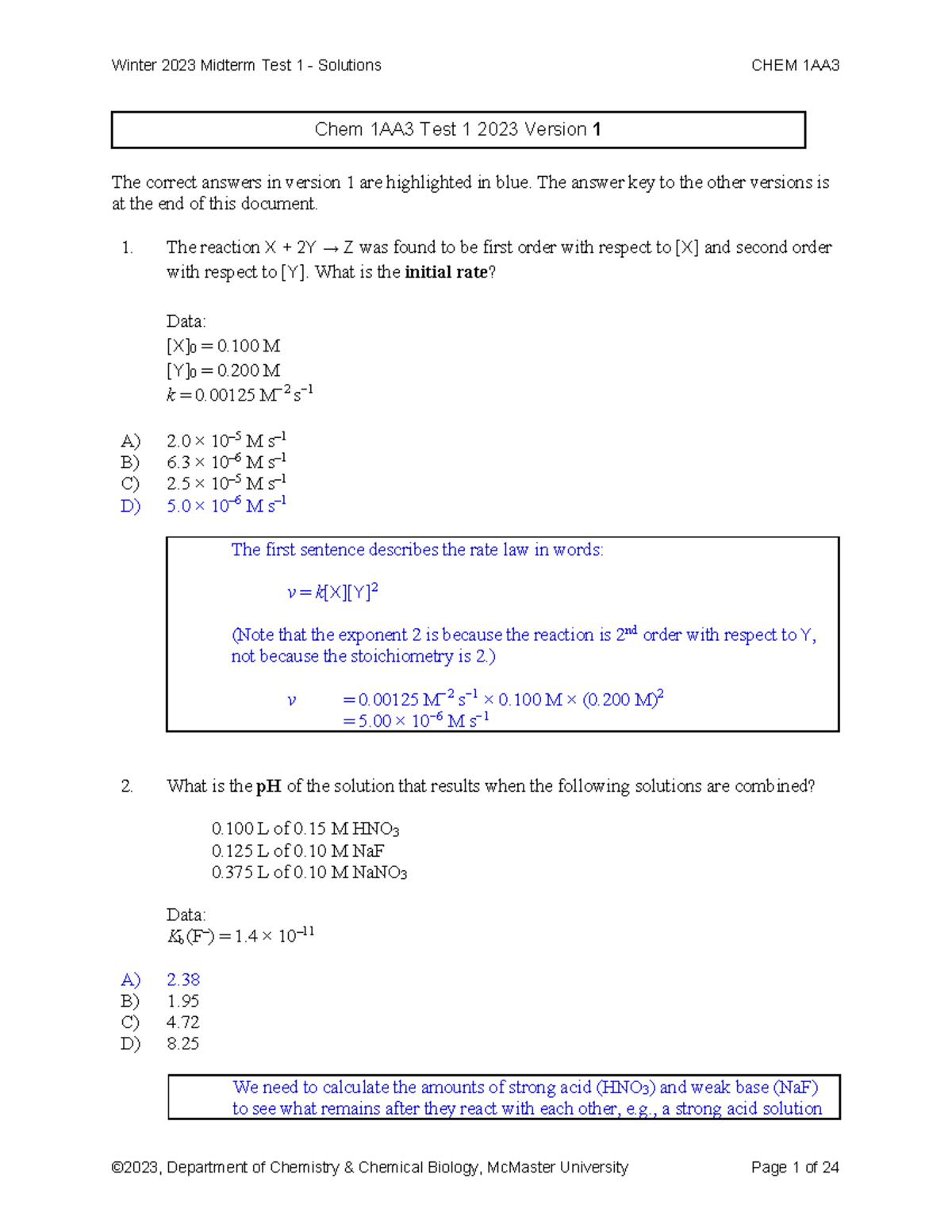 Chem 1AA3 Test 1 Solutions (2023) - Answer Key for Version 1 - Studocu
