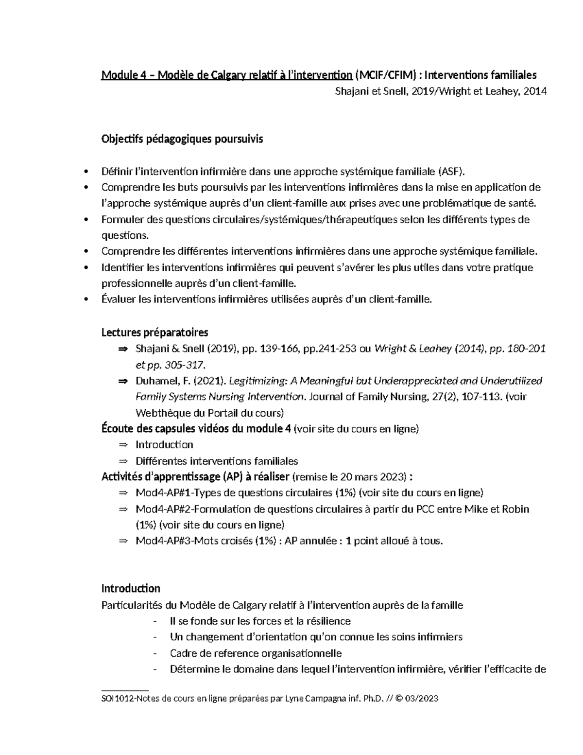 Module 4 - Notes de Cours sur le Modèle de Calgary en Interventions ...