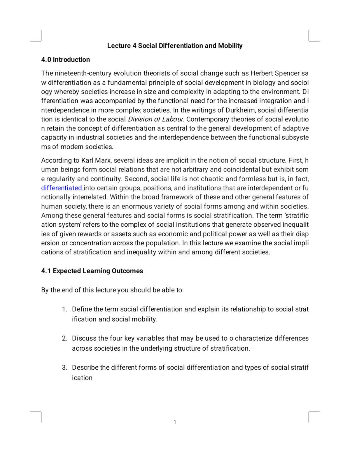 Lecture 4: Social Differentiation and Mobility - Key Concepts and ...