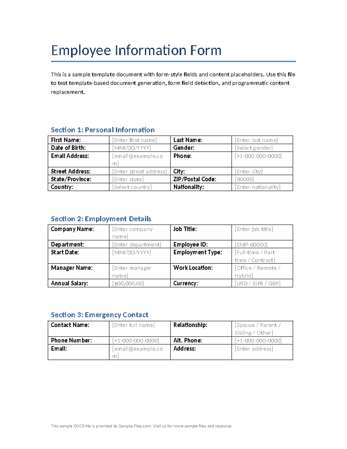 Employee Information Form Template for Document Generation - Studocu