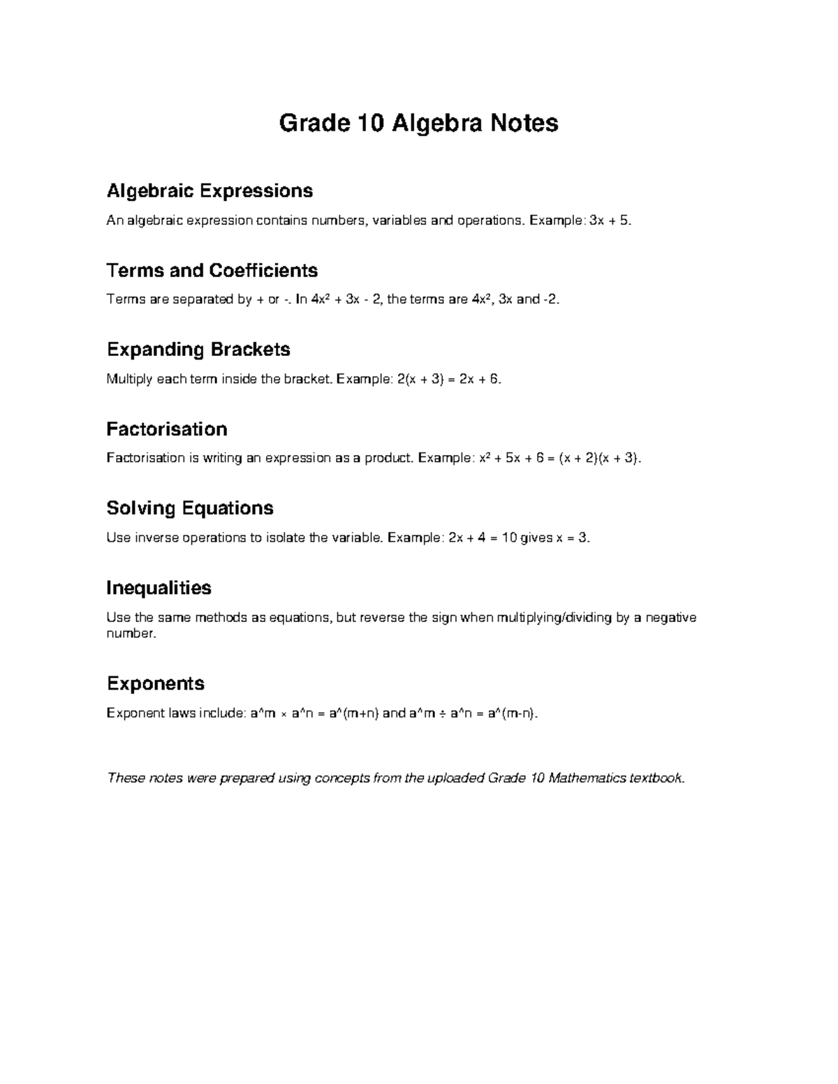 Grade 10 Algebra Notes: Expressions, Equations & More - Studocu