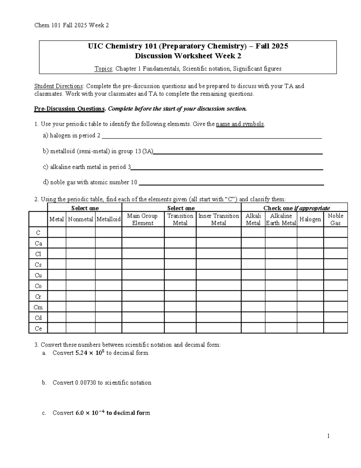 UIC Chem 101 Fall 2025 Discussion Worksheet Week 4: Naming & Formulas ...