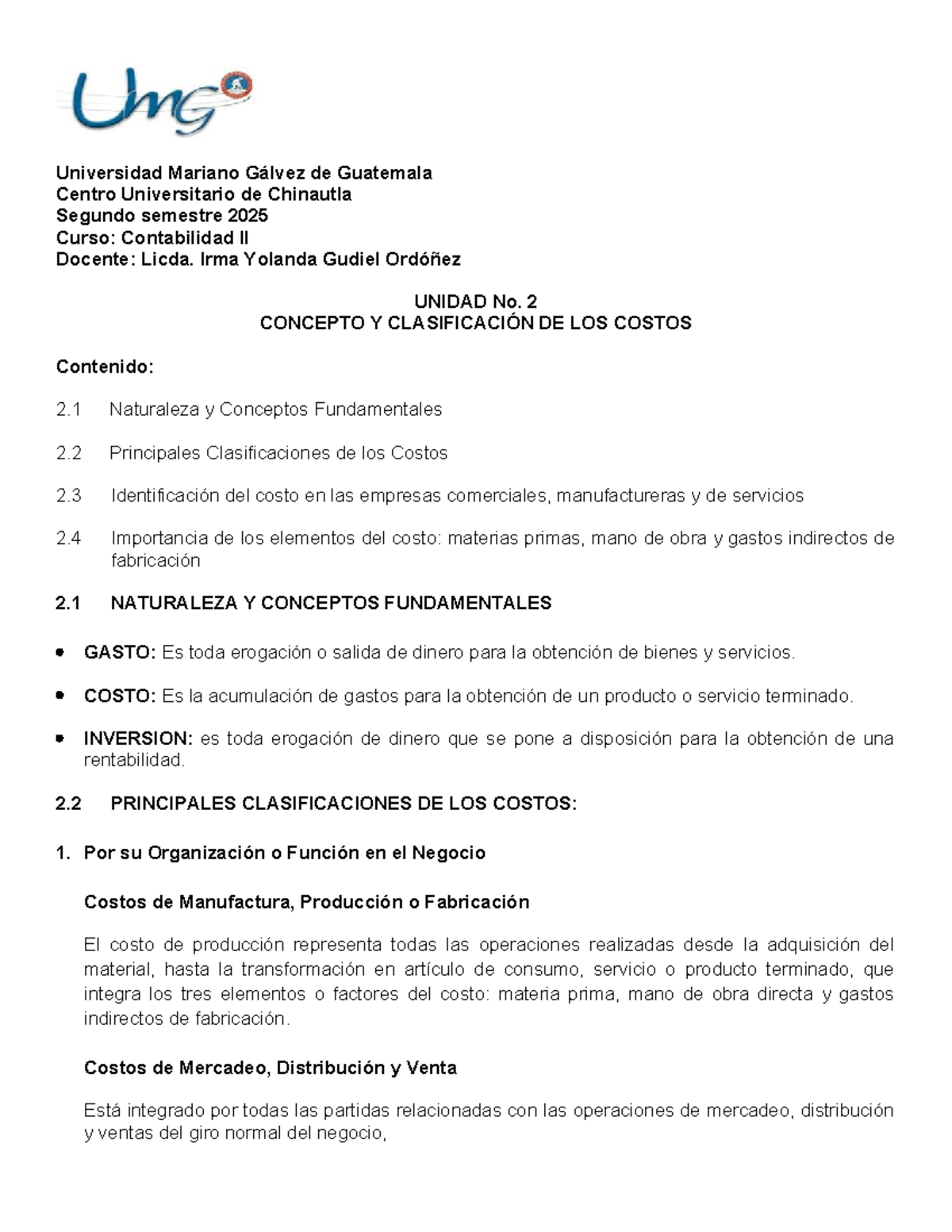 Contabilidad II - Unidad 2: Concepto y Clasificación de Costos - Studocu