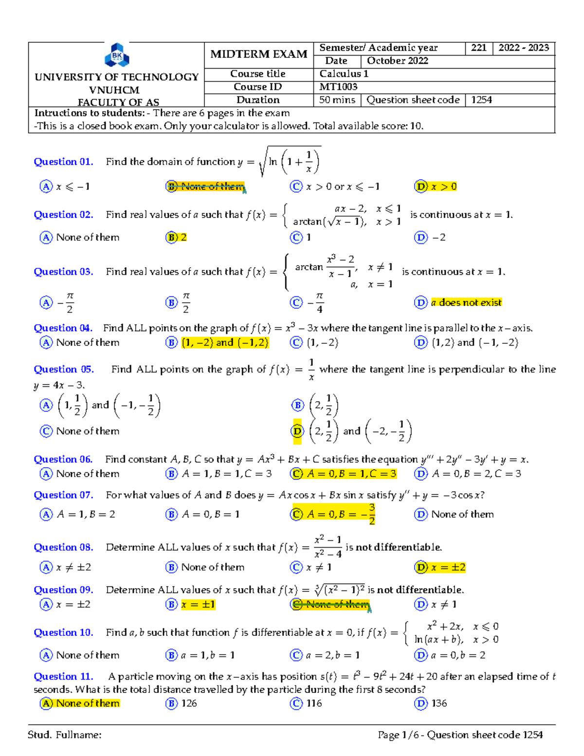 Calculus 1 MT1003 Midterm Exam Question Sheet - October 2022 - Studocu