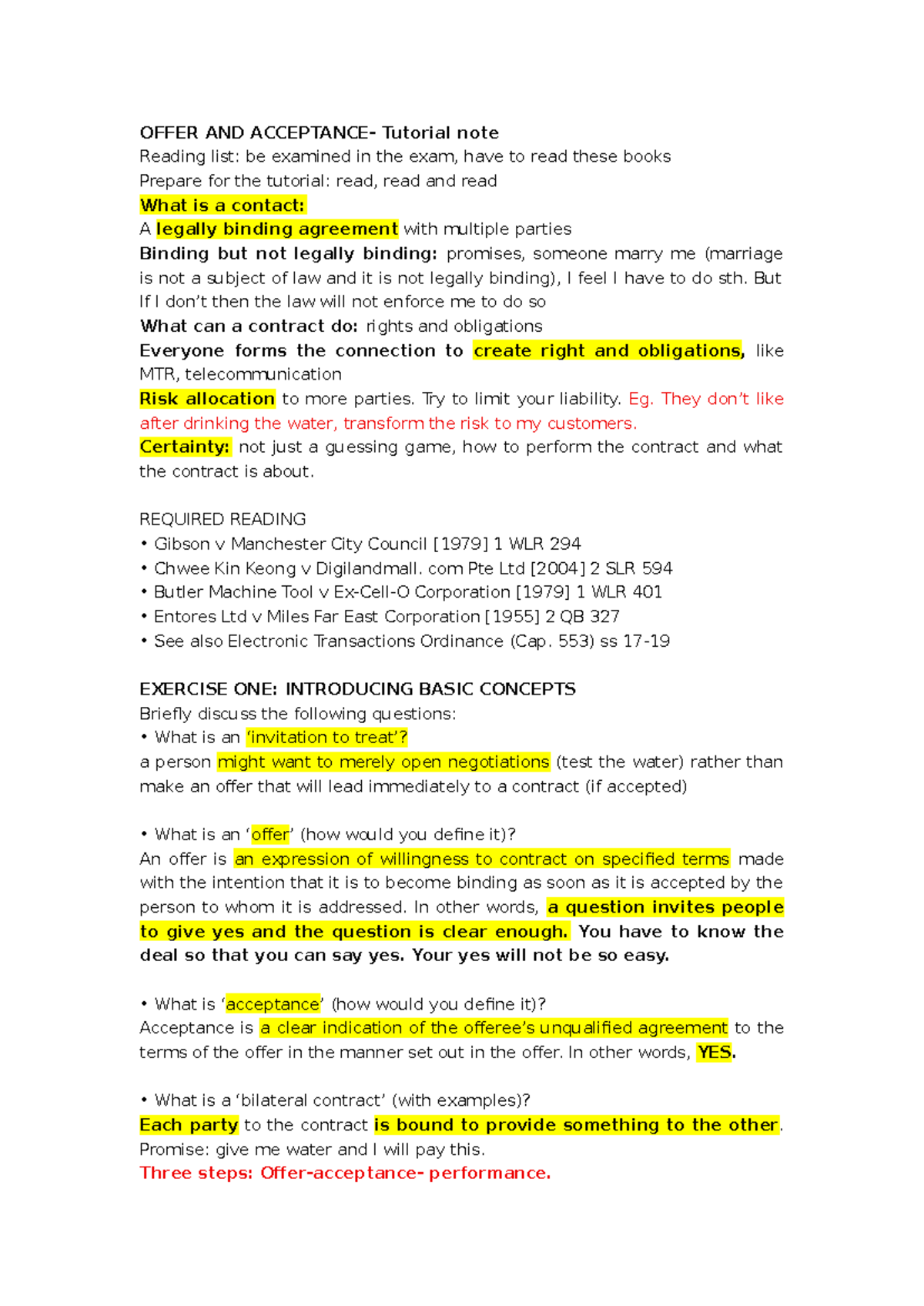 Contract Law Tutorial Notes: Key Concepts and Case Studies - Studocu