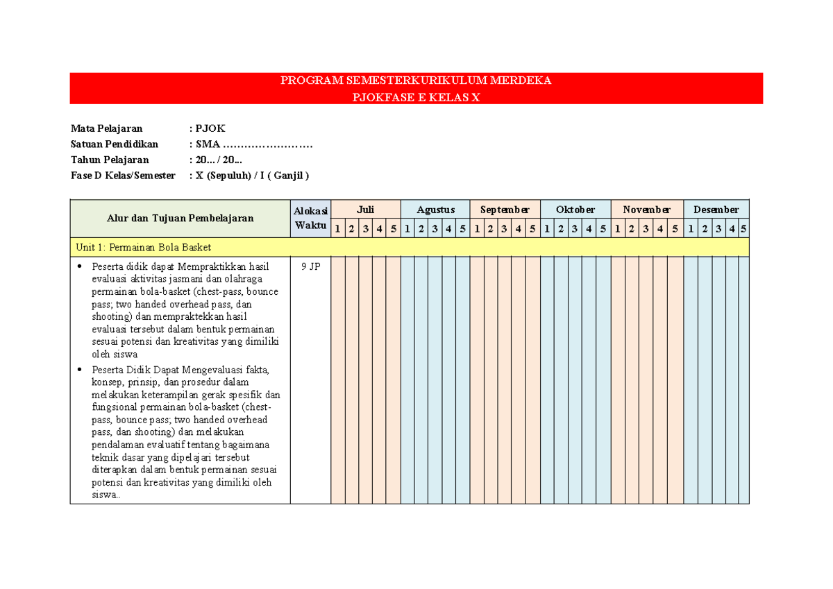 Prosem Fase E: Kurikulum Merdeka PJOK Kelas X (SMA) - Document Preview