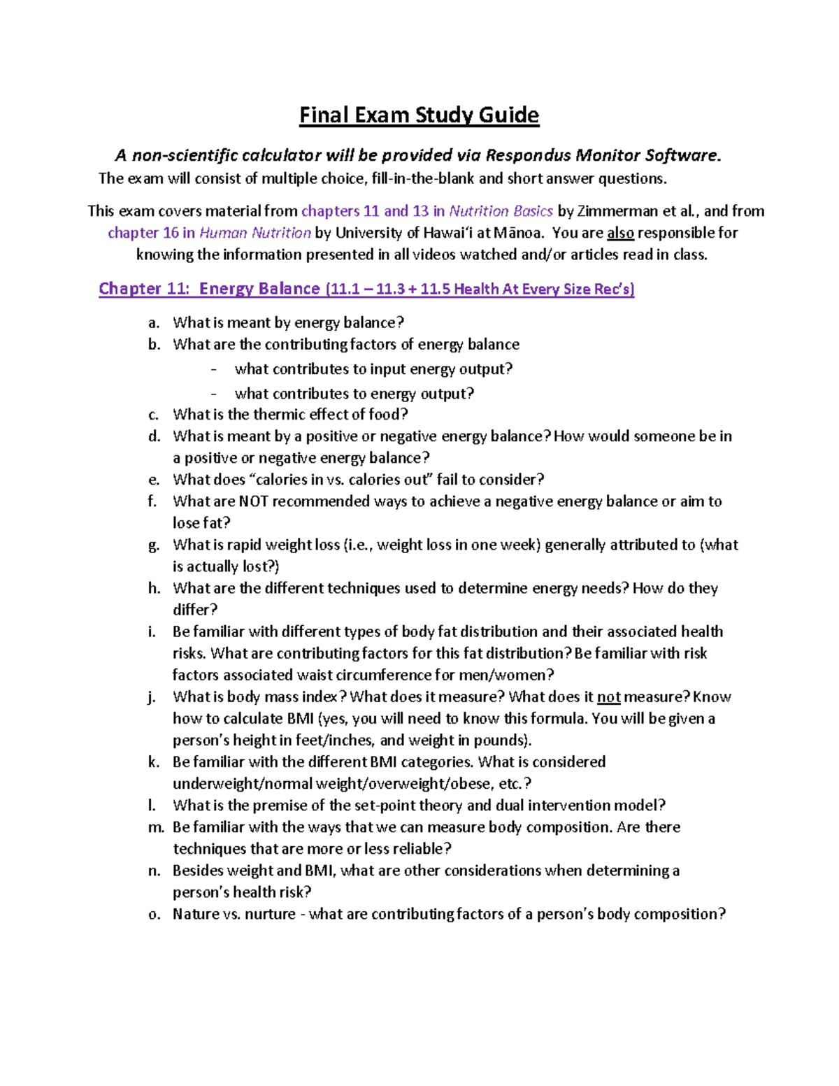 Final Exam Study Guide for Nutrition Basics - Studocu