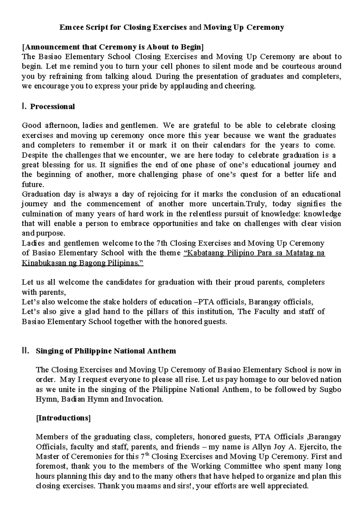 Emcee Script for Grad Ceremony - Basiao Elementary School 2024 - Studocu