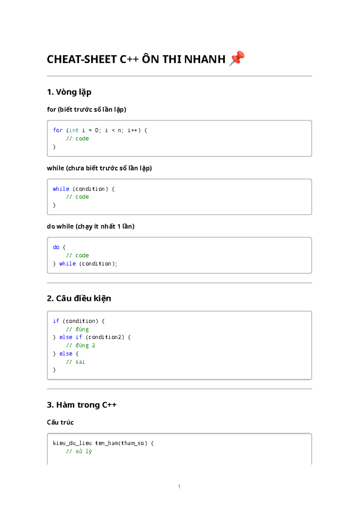 Cheat-sheet C++ Ôn Thi: Vòng Lặp, Câu Điều Kiện, Hàm, Mảng - Studocu