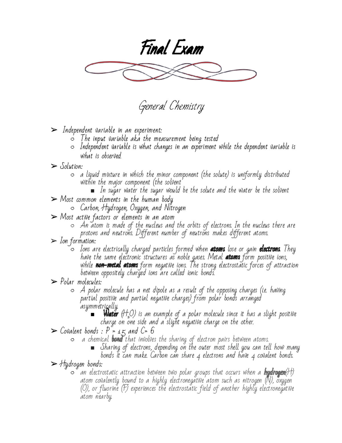 General Chemistry and Biology Concepts: Final Exam Study Notes (CHEM101 ...