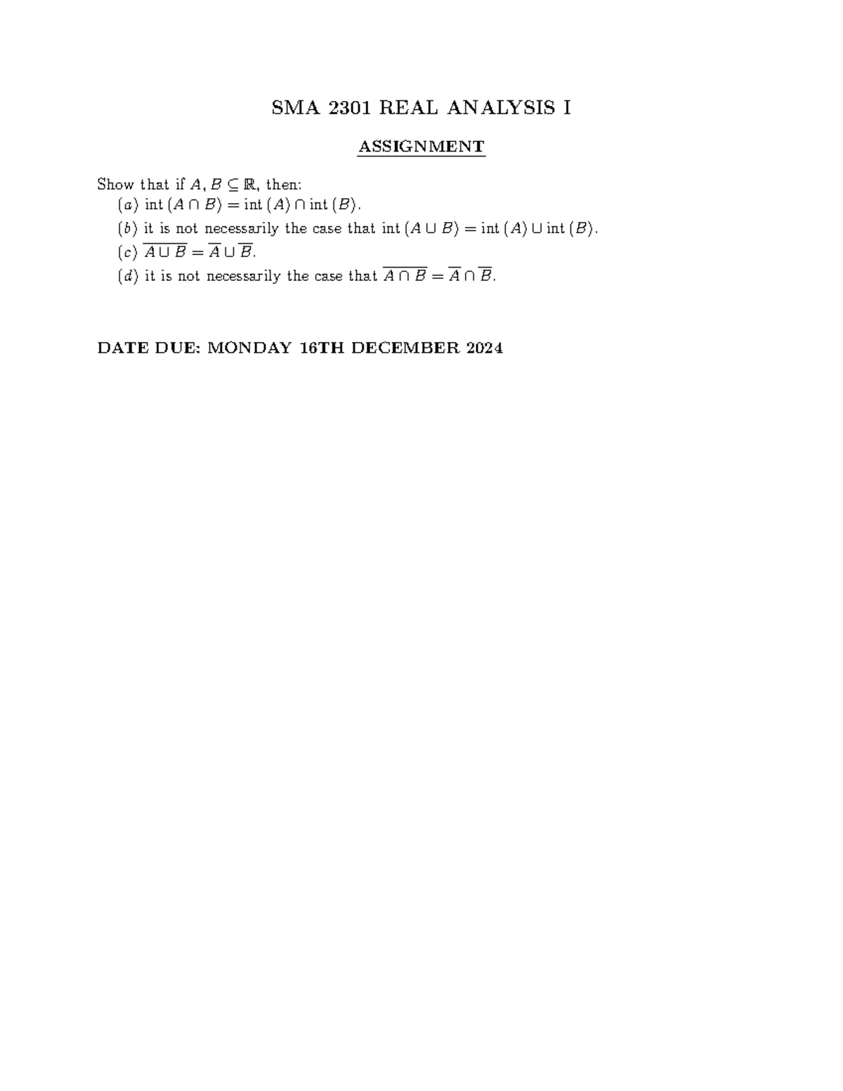 SMA 2301 Real Analysis I Assignment - Bsc. mathematics and computer ...