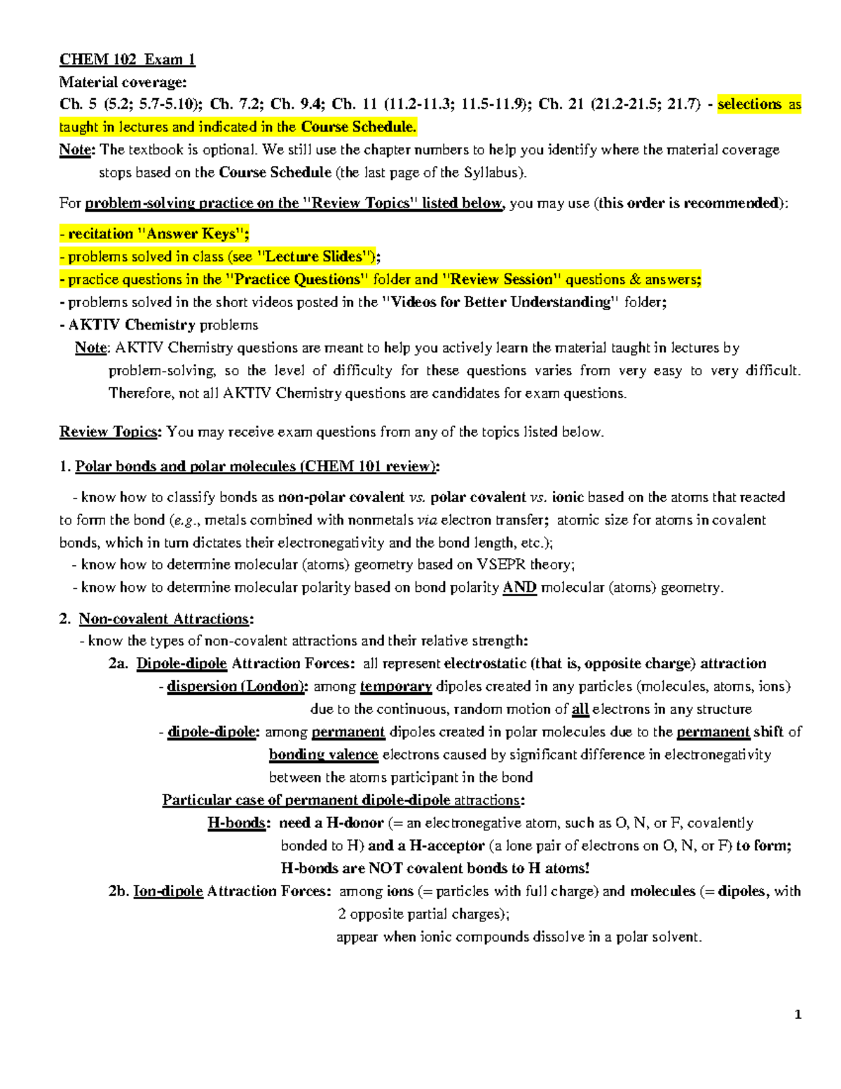 Review Topics CHEM 102 W25 Exam I - 1 CHEM 102 Exam 1 Material coverage ...
