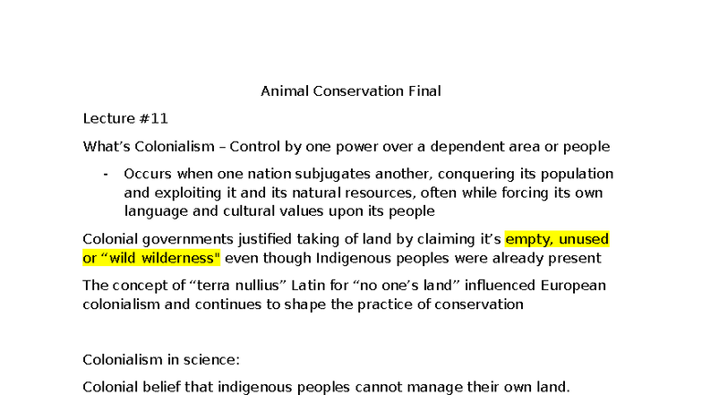 Animal Conservation Final Lecture: Colonialism and Its Impact on ...