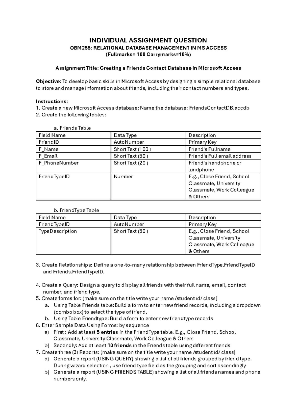 OBM255: MS Access Assignment - Creating a Friends Contact Database ...