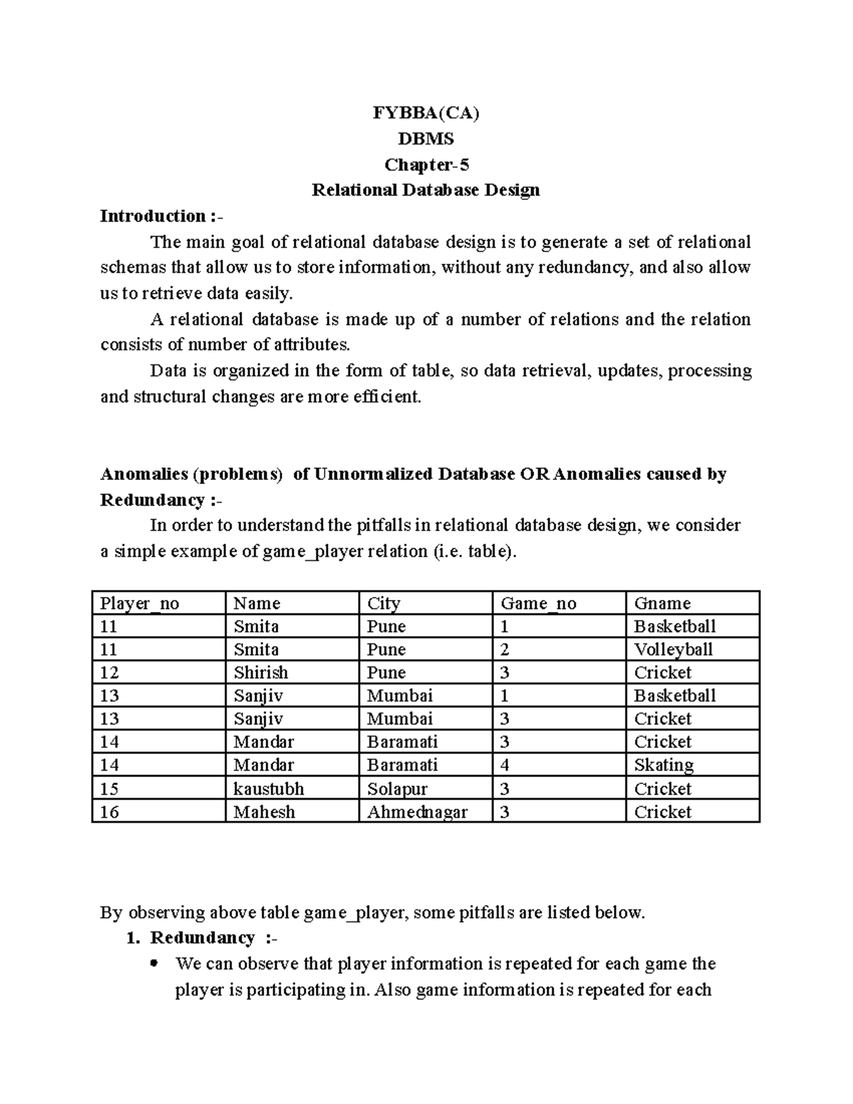 DBMS FYBBA(CA) Ch 5: Relational Database Design Overview - Studocu