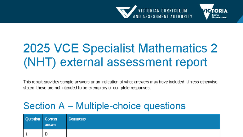 2025 VCE Specialist Mathematics 2 (NHT) External Assessment Insights ...