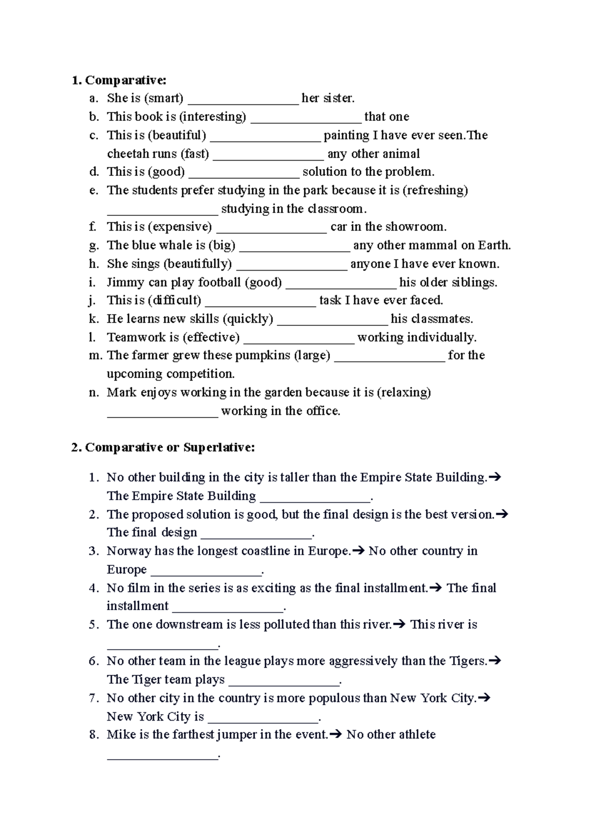 Comparative and Superlative Exercises - English 101 - Studocu