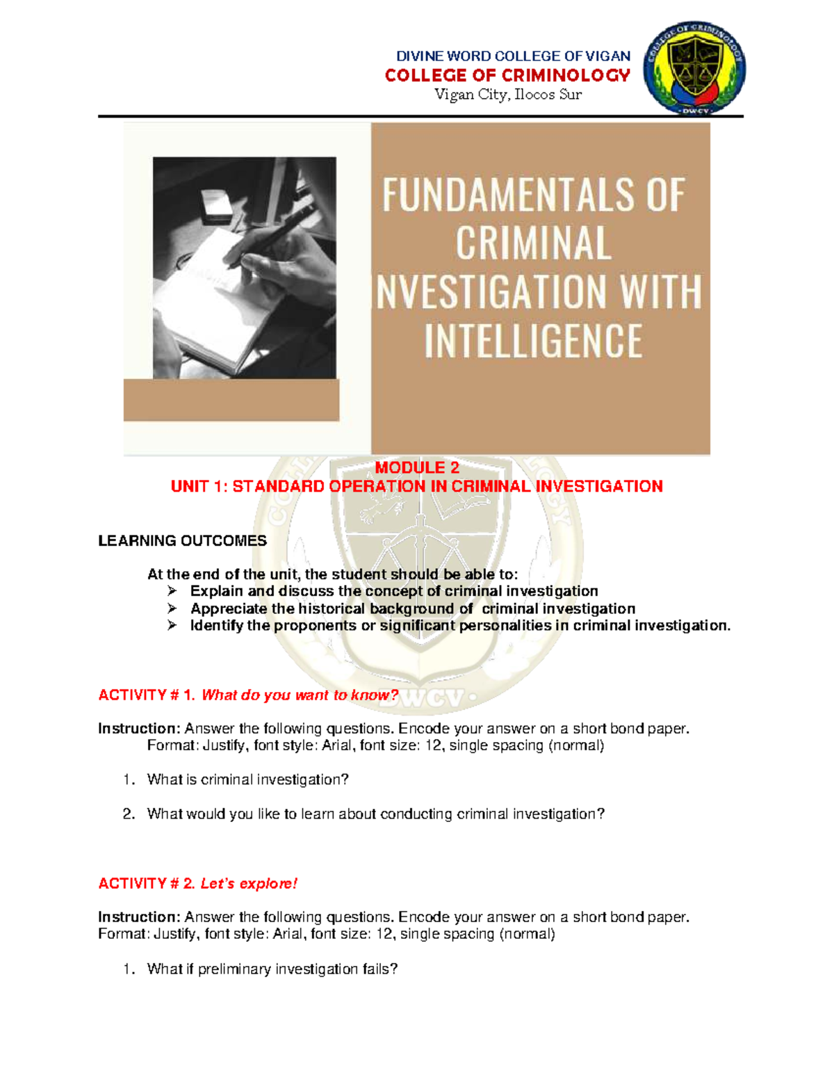 Criminal Investigation Module 2 Unit 1: Standard Operations (CRIM101 ...