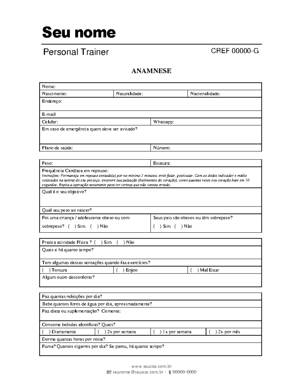 Modelo de Anamnese Personal Trainer - seusite.com seunome@seusite.com ...