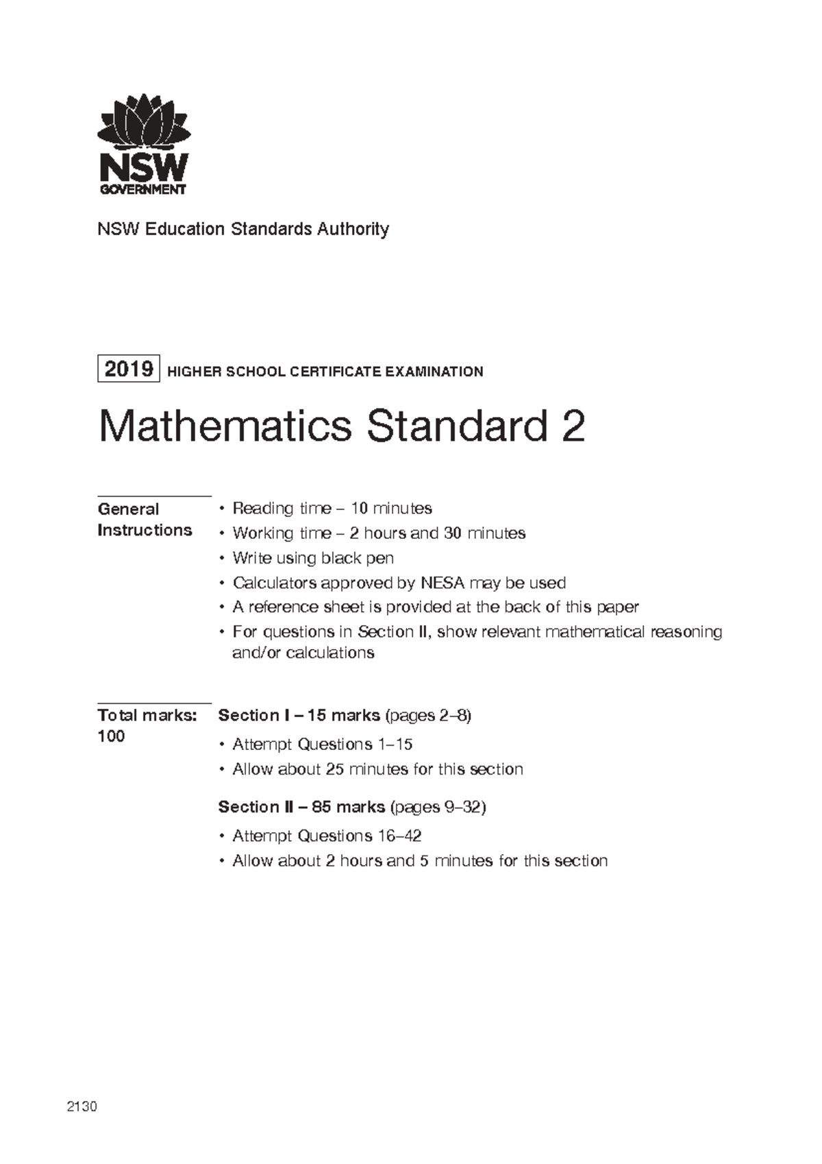 2019 HSC Mathematics Standard 2 Exam Paper - Studocu