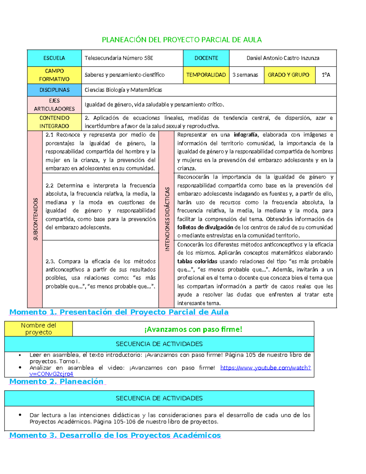 Planeación del Proyecto Parcial Aula 1°A: Igualdad de Género y Salud ...