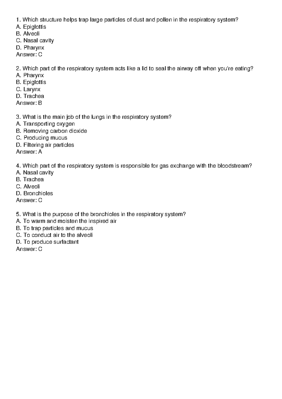 Anatomy & Physiology: Respiratory System Quiz Notes - Studocu