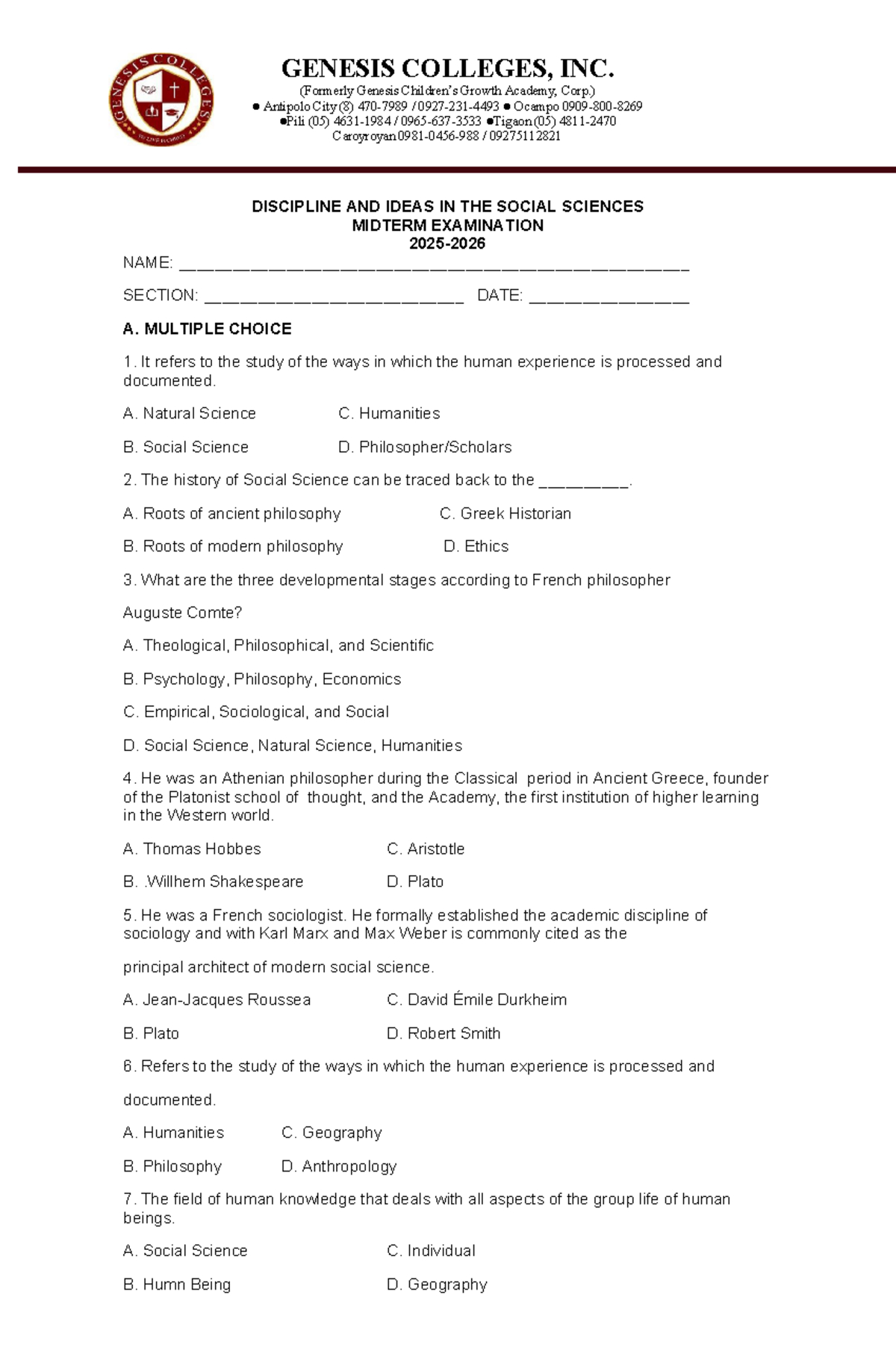 GEN 101: Discipline and Ideas in the Social Sciences Midterm Exam - Studocu