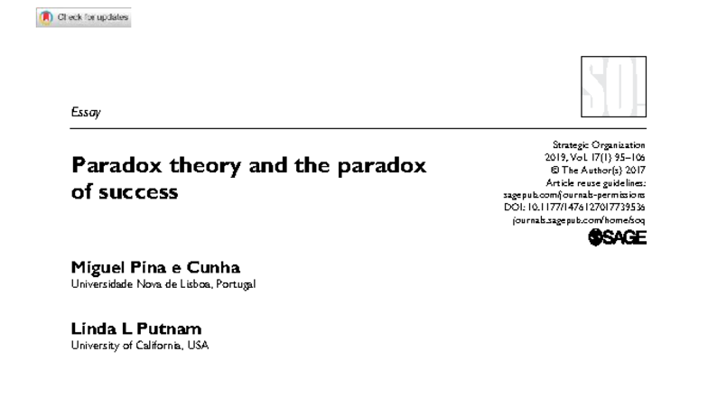 739536 Organization Cunha & Putnam Essay: Paradox Theory & Success ...