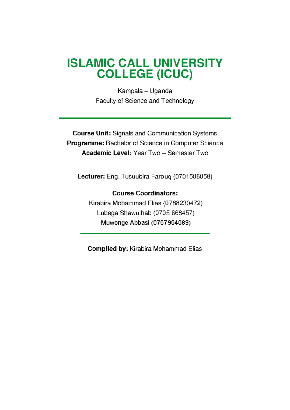 ICUC Signals and Communication Systems Course Outline - Studocu