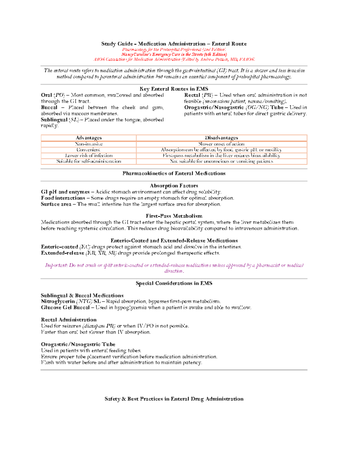 Study Guide: Enteral Route Medication Administration in Prehospital ...