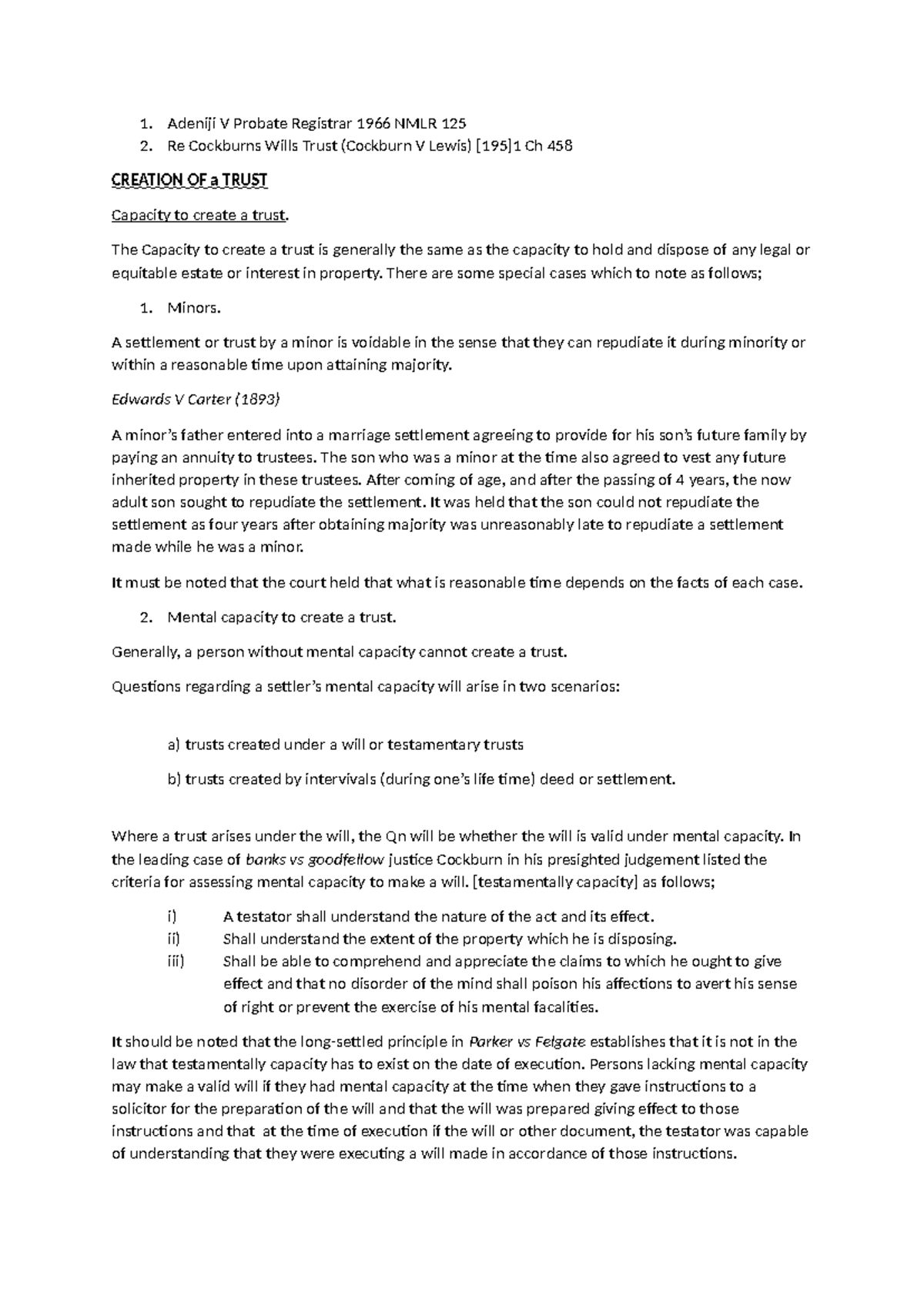 Trusts Notes: Capacity to Create a Trust - Legal Insights - Studocu