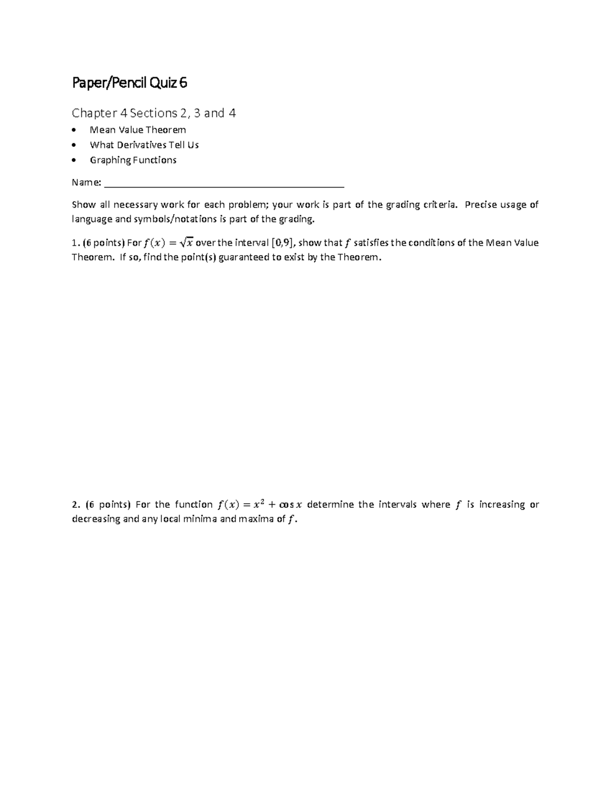 Math Quiz 6: Mean Value Theorem & Derivatives - Chapter 4 - Studocu