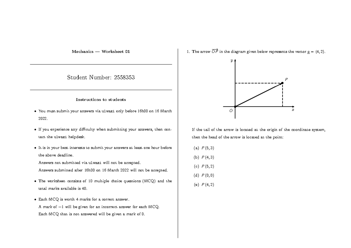 Worksheet 01 - Mechanics I - Mechanics — Worksheet 01 Student Number ...