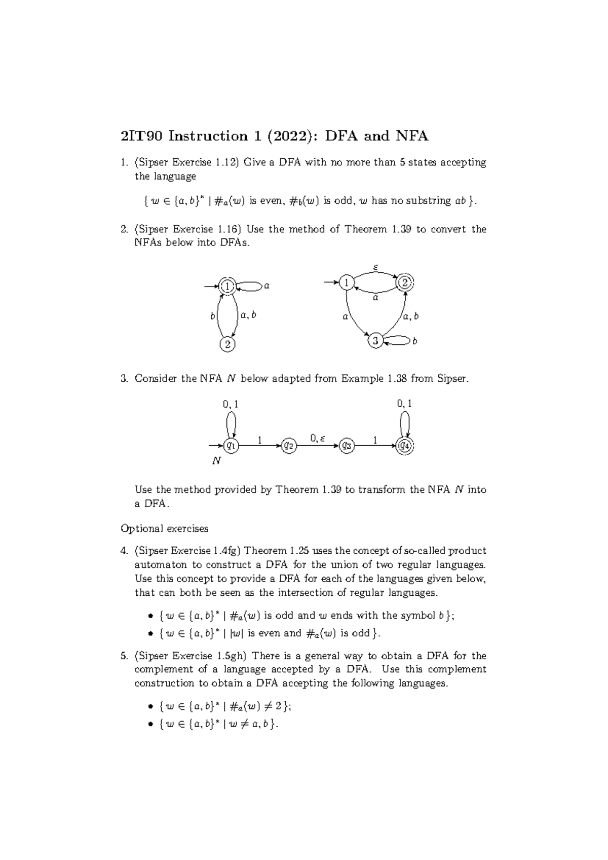 2IT90 - Instruction Set 1: DFA & NFA Exercises for Language Theory ...