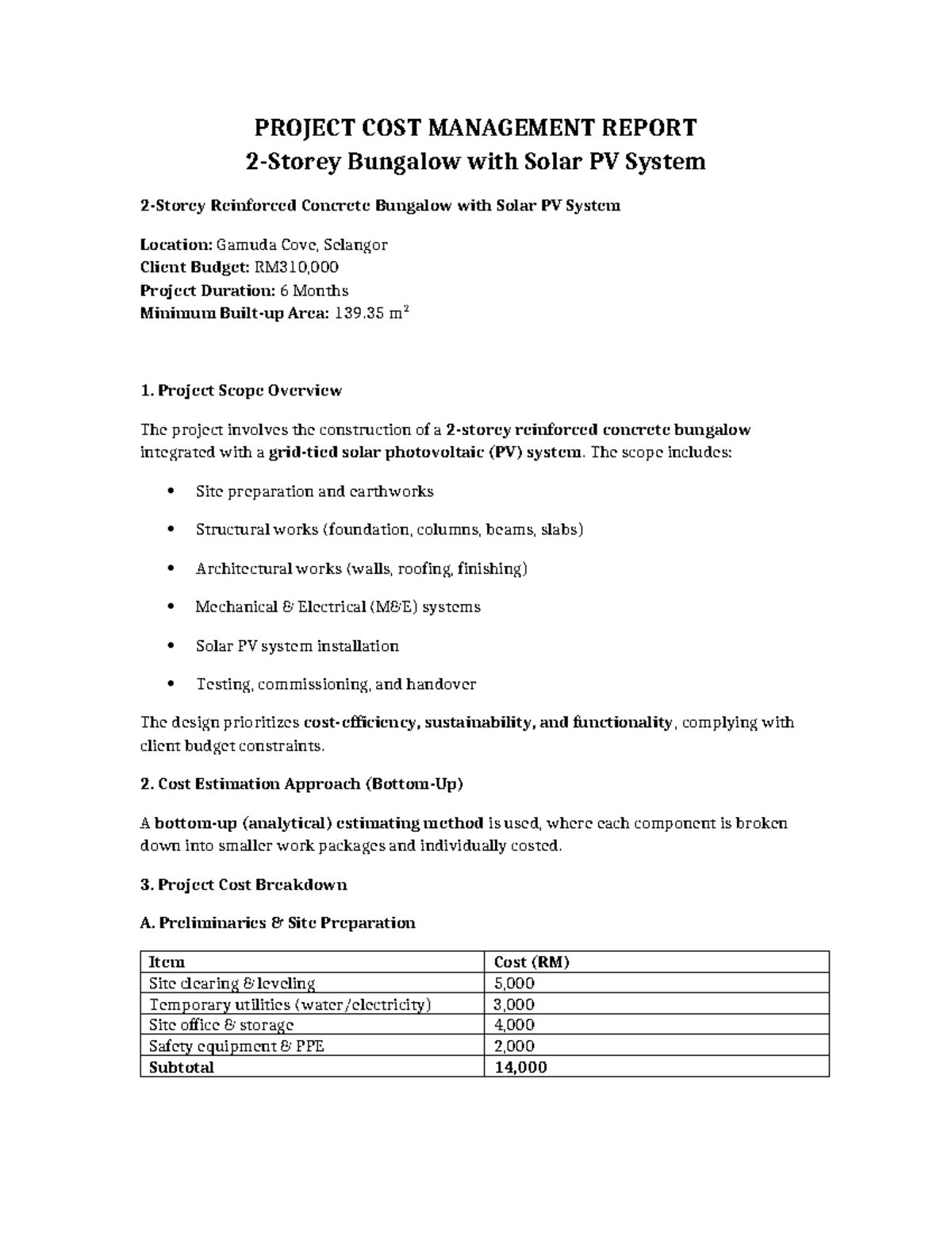 PROJECT COST MANAGEMENT REPORT: Bungalow with Solar PV System - Studocu