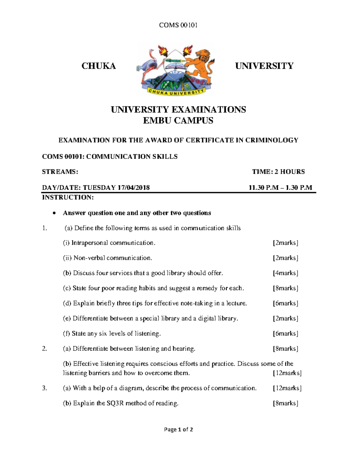 COMS 00101: Communication Skills Exam Notes - Chuka University - Studocu