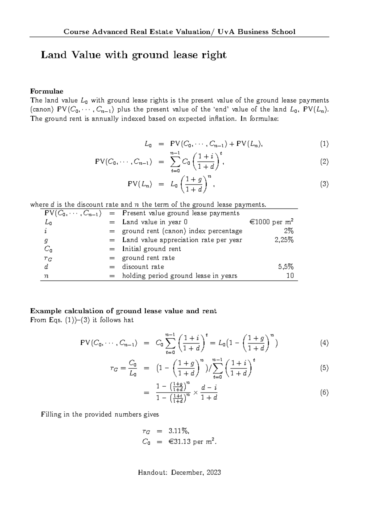 Ground Lease Valuation Notes - ADRE 2023 - UvA Business School ...