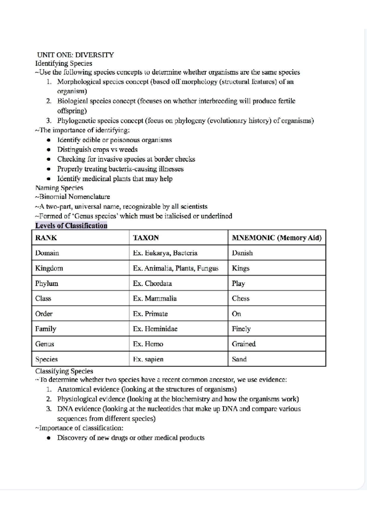 Biology 101: Unit One - Diversity and Species Identification Concepts ...