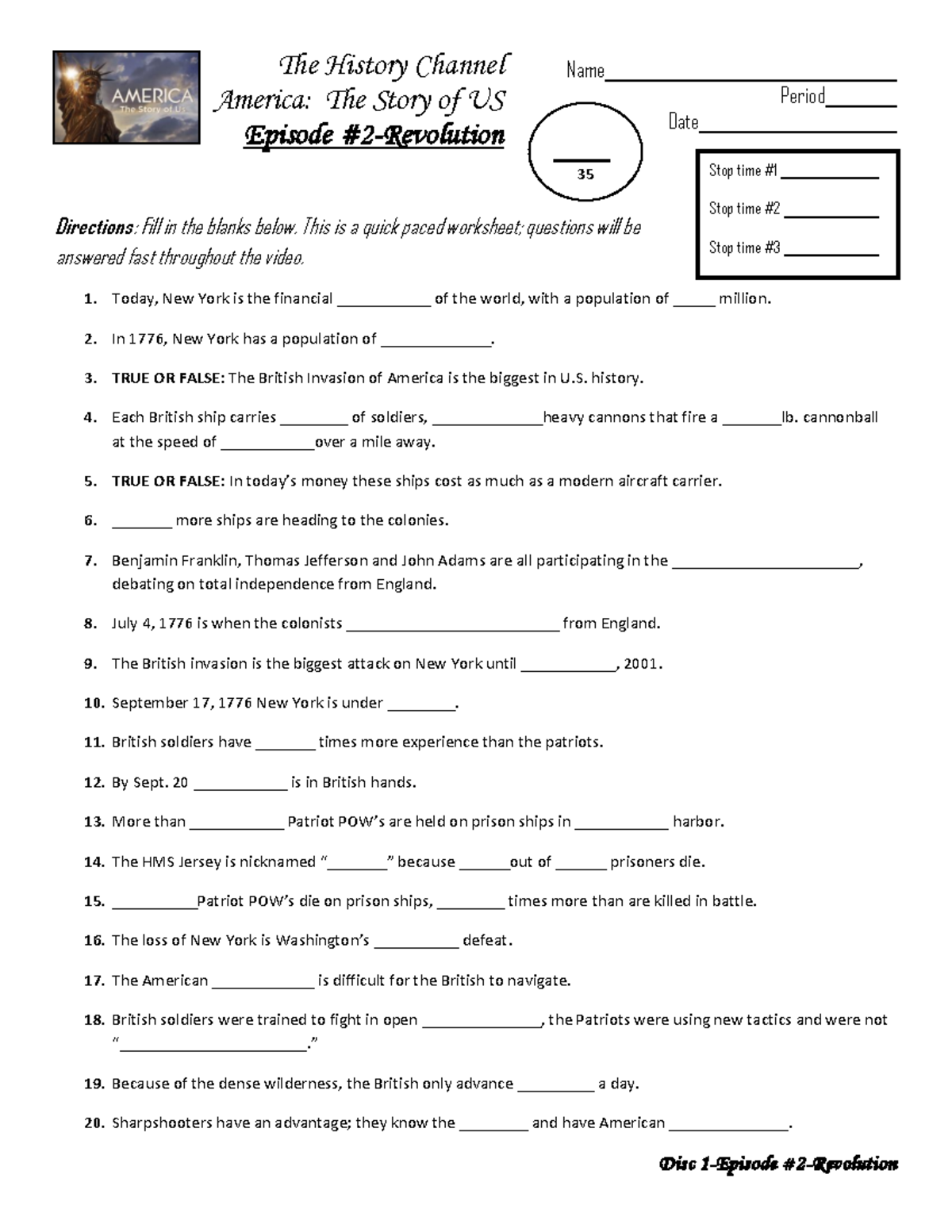 America: The Story of Us Ep2 - Revolution Worksheet & Teacher Tools ...