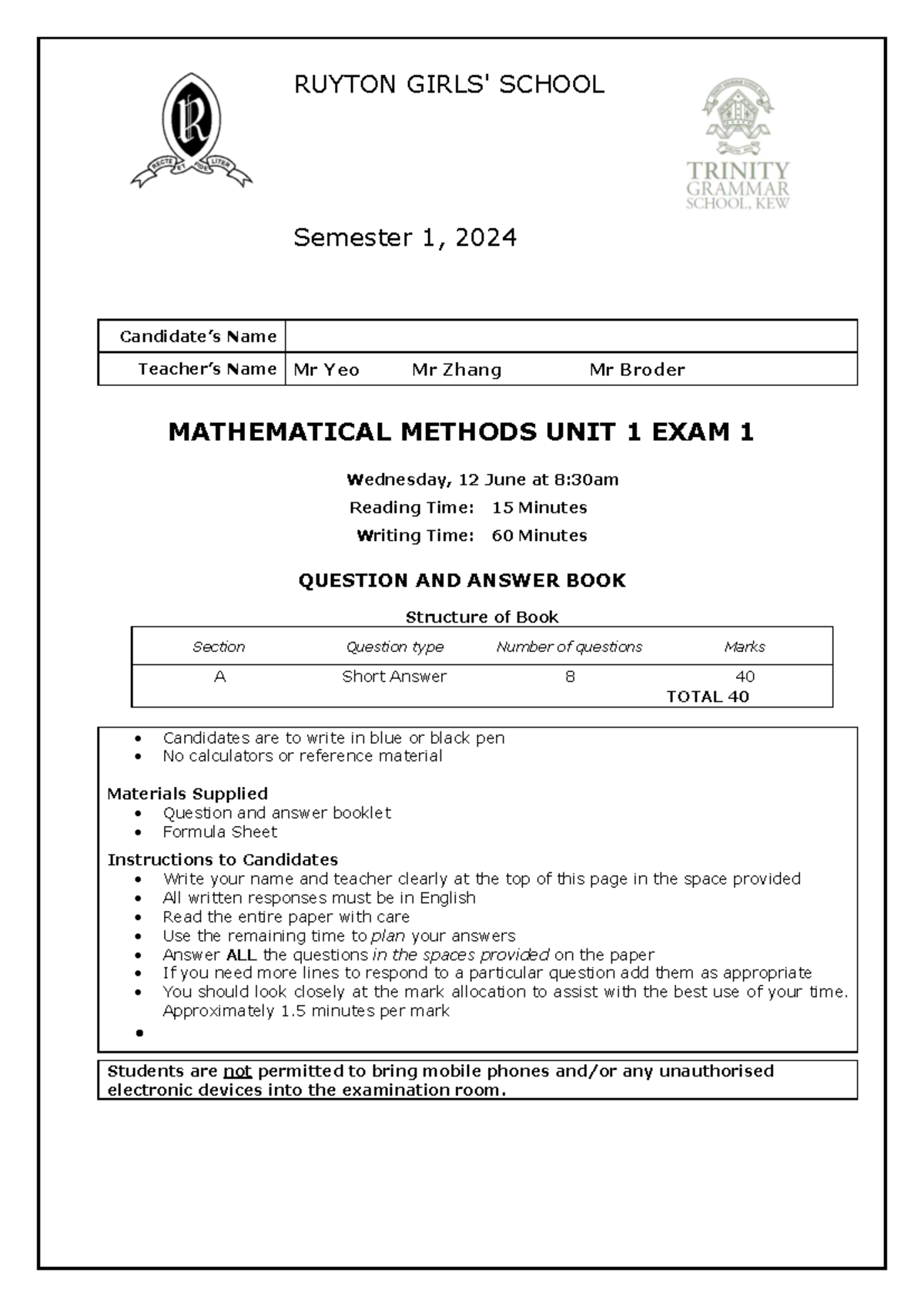 S124 Mathematical Methods Unit 1 Exam 1 - Ruyton School 2024 - Studocu