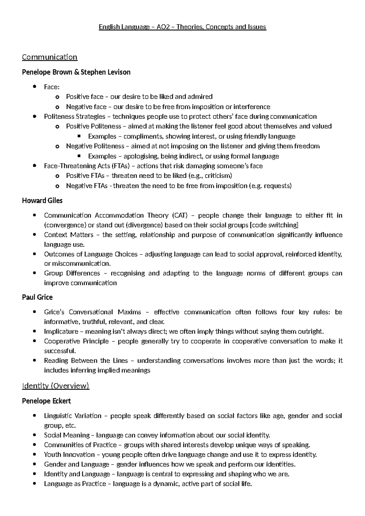 English Language AO2: Theories and Concepts of Communication - Studocu