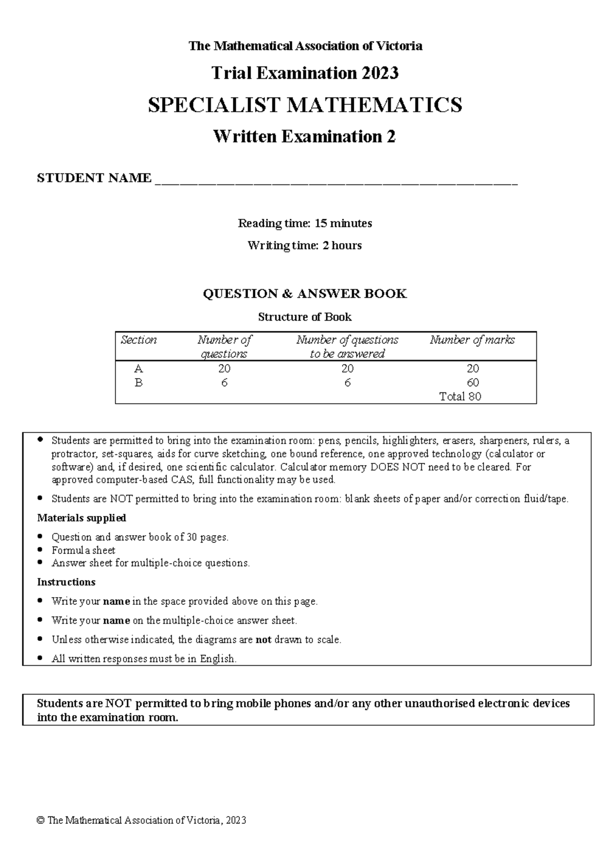 2023 MAV Specialist Mathematics Trial Exam 2 - Practice Test - Studocu
