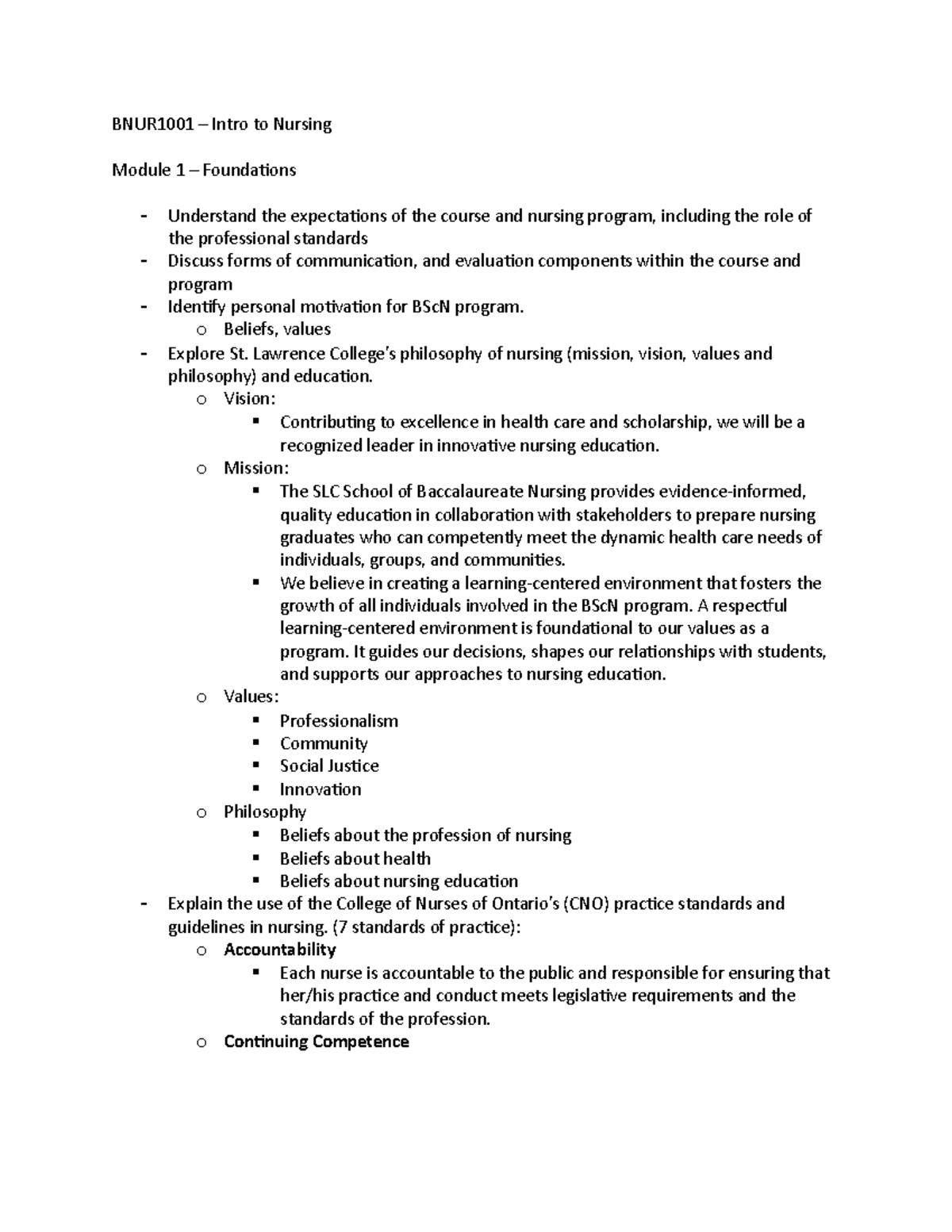 BNUR1001 - Intro to Nursing Course Overview and Foundations - Studocu