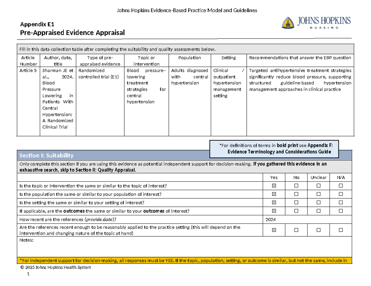 Johns Hopkins Practice Model Guidelines: Evidence Appraisal for Article ...